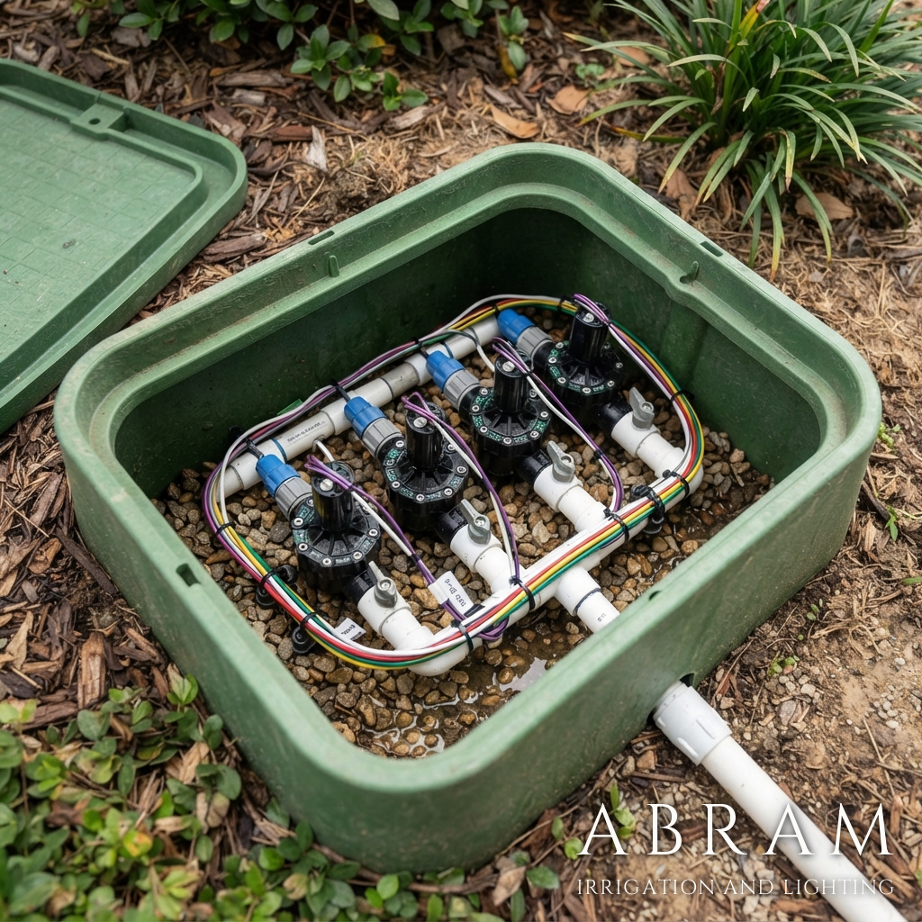 Clean irrigation valve box with labeled solenoids and tidy wiring